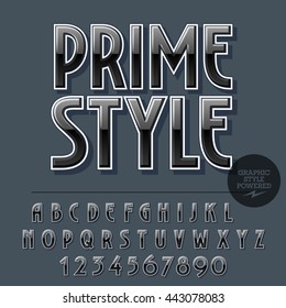 Glossy set of alphabet letters, numbers and punctuation symbols. Reflective vector emblem with text Prime style