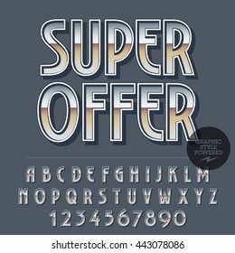 Glossy set of alphabet letters, numbers and punctuation symbols. Reflective vector promotion poster with text Super offer