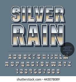 Glossy set of alphabet letters, numbers and punctuation symbols. Reflective vector emblem with text Silver rain