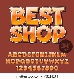 Glossy set of alphabet letters, numbers and punctuation symbols. Reflective vector sign with text Best Shop