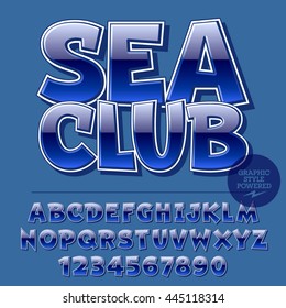 Glossy set of alphabet letters, numbers and punctuation symbols. Reflective vector emblem with text Sea Club