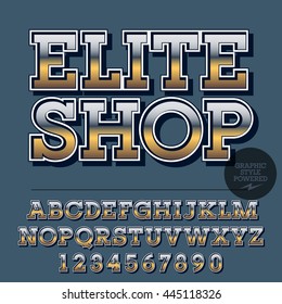Glossy set of alphabet letters, numbers and punctuation symbols. Reflective vector logo with text Elite Shop