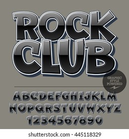 Glossy set of alphabet letters, numbers and punctuation symbols. Reflective vector logotype with text Rock Club