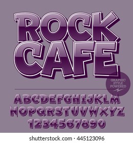 Glossy set of alphabet letters, numbers and punctuation symbols. Reflective purple emblem with text Rock Cafe