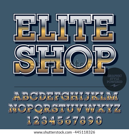 Glossy set of alphabet letters, numbers and punctuation symbols. Reflective vector logo with text Elite Shop