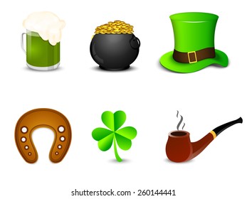 Glossy set of Happy St. Patrick's Day celebration ornaments on white background.