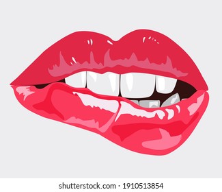 Glossy and sexy lips, lip biting, womens lips, lips with lipstick. Isolated Vector illustration.