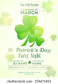 Glossy shamrock leaves decorated Pamphlet, Banner or Flyer design for St. Patrick's Day, Party Night celebration.