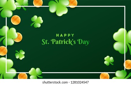 Glossy shamrock leaves and gold coins decorated green background for Happy St. Patrick's Day celebration.