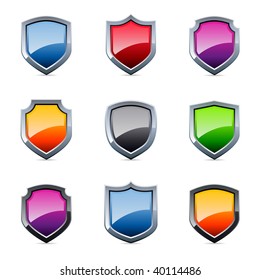 Glossy shield emblem icons in various colors