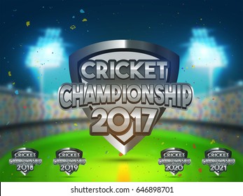 Glossy Shield with Metallic Cricket Championship Text design on blurred stadium background.