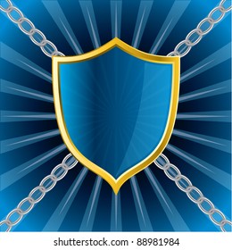 Glossy shield on bursting background chained to corners