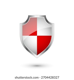 Glossy shield with red and black pattern. Security and protection concept. Cyber safety icons, internet privacy, web defense, digital data protection and antivirus themes. Vector illustration