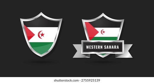 Glossy shield and silver banner set featuring the flag of Western Sahara (SADR). High-quality vector design representing Sahrawi national identity and territory for educational use.
