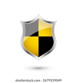 Glossy shield with yellow and black pattern. Security and protection concept. Cyber safety icons, internet privacy, web defense, digital data protection and antivirus themes. Vector illustration