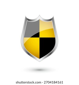 Escudo brilhante com padrão amarelo e preto. Conceito de segurança e proteção. Ícones de segurança cibernética, privacidade na Internet, defesa na Web, proteção de dados digitais e temas antivírus. Ilustração vetorial