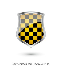 Escudo brilhante com padrão amarelo e preto. Conceito de segurança e proteção. Ícones de segurança cibernética, privacidade na Internet, defesa na Web, proteção de dados digitais e temas antivírus. Ilustração vetorial