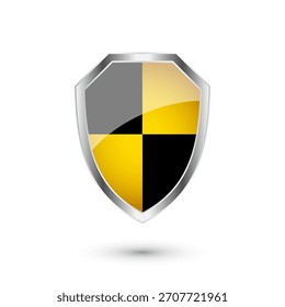 Escudo brillante con patrón amarillo y negro. Concepto de seguridad y protección. Iconos de seguridad cibernética, privacidad en Internet, defensa de Web, protección de datos digitales y temas antivirus. Ilustración vectorial