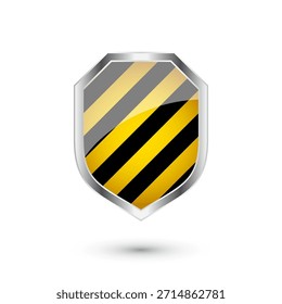 Glänzender Schild mit gelbem und schwarzem Muster. Sicherheits- und Schutzkonzept Cyber-Sicherheitssymbole, Internet-Datenschutz, Web-Verteidigung, digitaler Datenschutz und Antiviren-Themen. Vektorgrafik