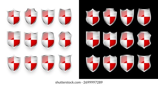 Escudos brilhantes com vermelho e branco preto. Conceito de segurança e proteção. Ícones de segurança cibernética, privacidade na Internet, defesa na Web, proteção de dados digitais e temas antivírus. Ilustração vetorial.