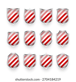 Escudos brilhantes com vermelho e branco preto. Conceito de segurança e proteção. Ícones de segurança cibernética, privacidade na Internet, defesa na Web, proteção de dados digitais e temas antivírus. Ilustração vetorial