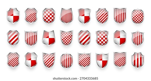 Escudos brilhantes com vermelho e branco preto. Conceito de segurança e proteção. Ícones de segurança cibernética, privacidade na Internet, defesa na Web, proteção de dados digitais e temas antivírus. Ilustração vetorial