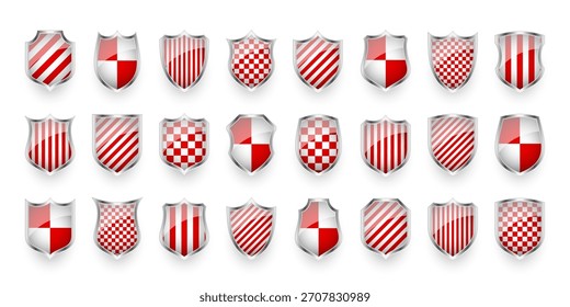 Escudos brilhantes com vermelho e branco preto. Conceito de segurança e proteção. Ícones de segurança cibernética, privacidade na Internet, defesa na Web, proteção de dados digitais e temas antivírus. Ilustração vetorial