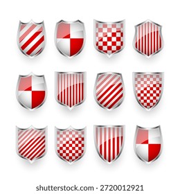 Glossy shields with red and black white. Security and protection concept. Cyber safety icons, internet privacy, web defense, digital data protection and antivirus themes. Vector illustration