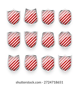 Escudos brilhantes com vermelho e branco preto. Conceito de segurança e proteção. Ícones de segurança cibernética, privacidade na Internet, defesa na Web, proteção de dados digitais e temas antivírus. Ilustração vetorial