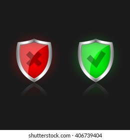 Glossy shields with tick and cross. Shields icon. Shields web. Vector illustration