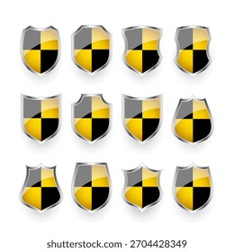 Blindagens brilhantes com padrão amarelo e preto. Conceito de segurança e proteção. Ícones de segurança cibernética, privacidade na Internet, defesa na Web, proteção de dados digitais e temas antivírus. Ilustração vetorial