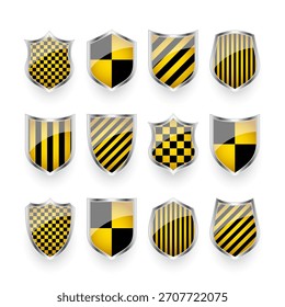 Glossy shields with yellow and black pattern. Security and protection concept. Cyber safety icons, internet privacy, web defense, digital data protection and antivirus themes. Vector illustration