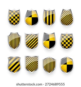 Escudos brillantes con patrón amarillo y negro. Concepto de seguridad y protección. Iconos de seguridad cibernética, privacidad en Internet, defensa de Web, protección de datos digitales y temas antivirus. Ilustración vectorial