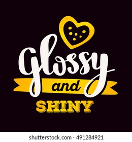 Glossy and shine - yellow gradient color handwritten vector lettering with heart on black background. Calligraphic inscription. Hand drawn lettering print. Apparel, t-shirt, bag, sticker, poster, card