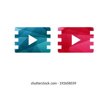 Glossy shiny blue and red film play button icon. Vector graphic template. Isolated on white background.