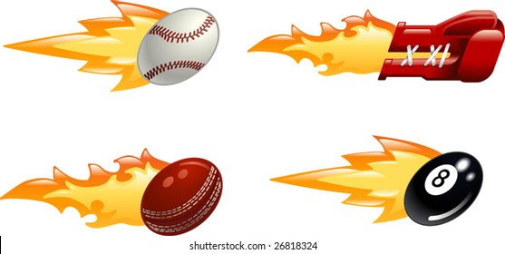 A glossy shiny flaming sport icon set. Baseball ball, boxing glove, cricket ball and black pool eight ball flying fast through the air with flames and fire shooting out the back