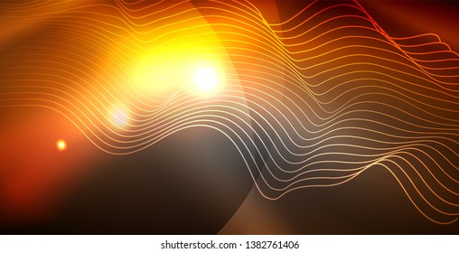 Glossy shiny glowing neon waves, magic space concept template