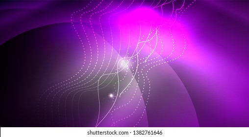 Glossy shiny glowing neon waves, magic space concept template