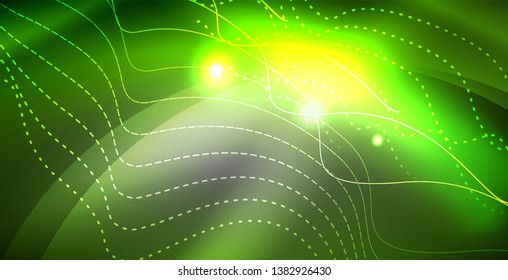 Olas brillantes de neón brillante brillante brillante, plantilla de concepto de espacio mágico