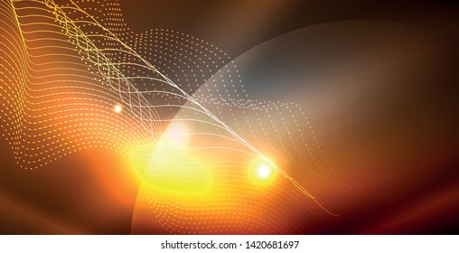 Glossy shiny glowing neon waves, magic space concept template