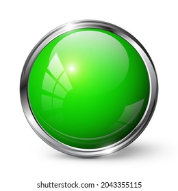 Glossy shiny green round button with metal frame vector illustration 