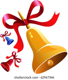Glossy and shiny icon of Christmas yellow cartoon bell with red stylish ribbon in vector illustration style. On white background