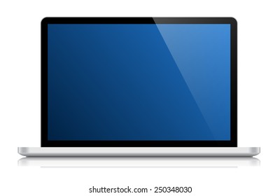 Glossy shiny laptop isolated on white. Vector eps10 illustration. Blank blue screen.