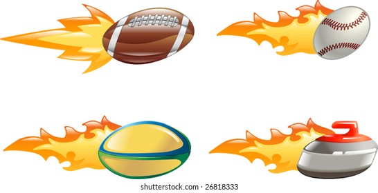 A glossy shiny sport icon set with flames and fire. American football ball, baseball ball, rugby ball and curling stone flying fast through the air with flames and fire jetting out the back