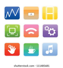 Glossy shiny web or desktop icons for different uses and tools, as disk data, folders, movies, music, widget, network, touch screen, monitor, settings and java