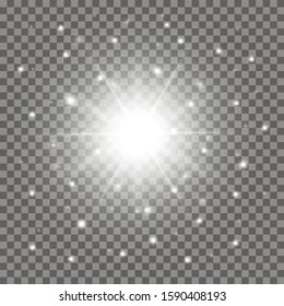 Glossy shiny white star with sparkling dots. Bright light vector sunburst symbol, cosmic stars sign isolated on gray transparent background