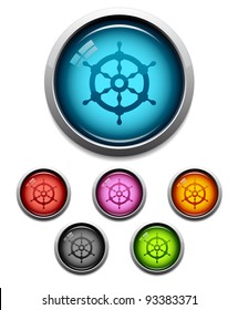 Glossy ship wheel button icon set in 6 colors