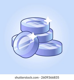 Glossy silver coins stacked neatly with sparkles on a soft blue background. Ideal for mobile games, virtual currency, finance apps, bonus icons, and gamified interfaces. Perfect for UI design.