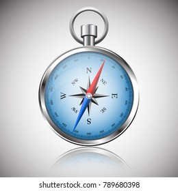 Glossy Silver Compass with windrose and reflection. Vector Illustration.
