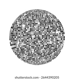 Glossy silver disco ball with shimmering mosaic texture. Isolated vector illustration perfect for party themes, dance club graphics, retro and 80s inspired designs.